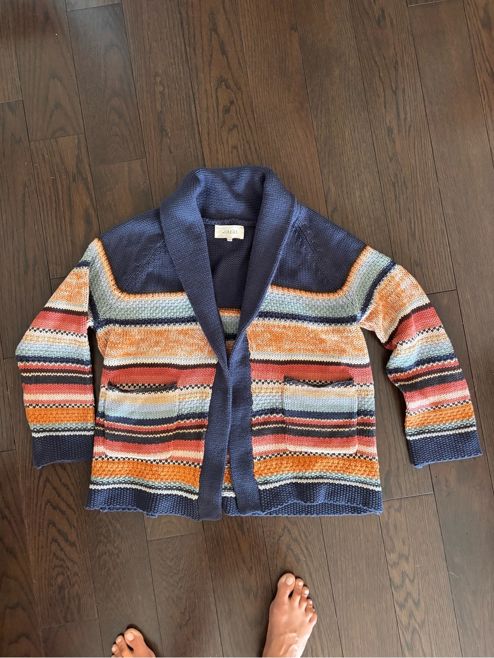 THE GREAT. Striped Shawl-Collar Cardigan in Navy & Multi-Color